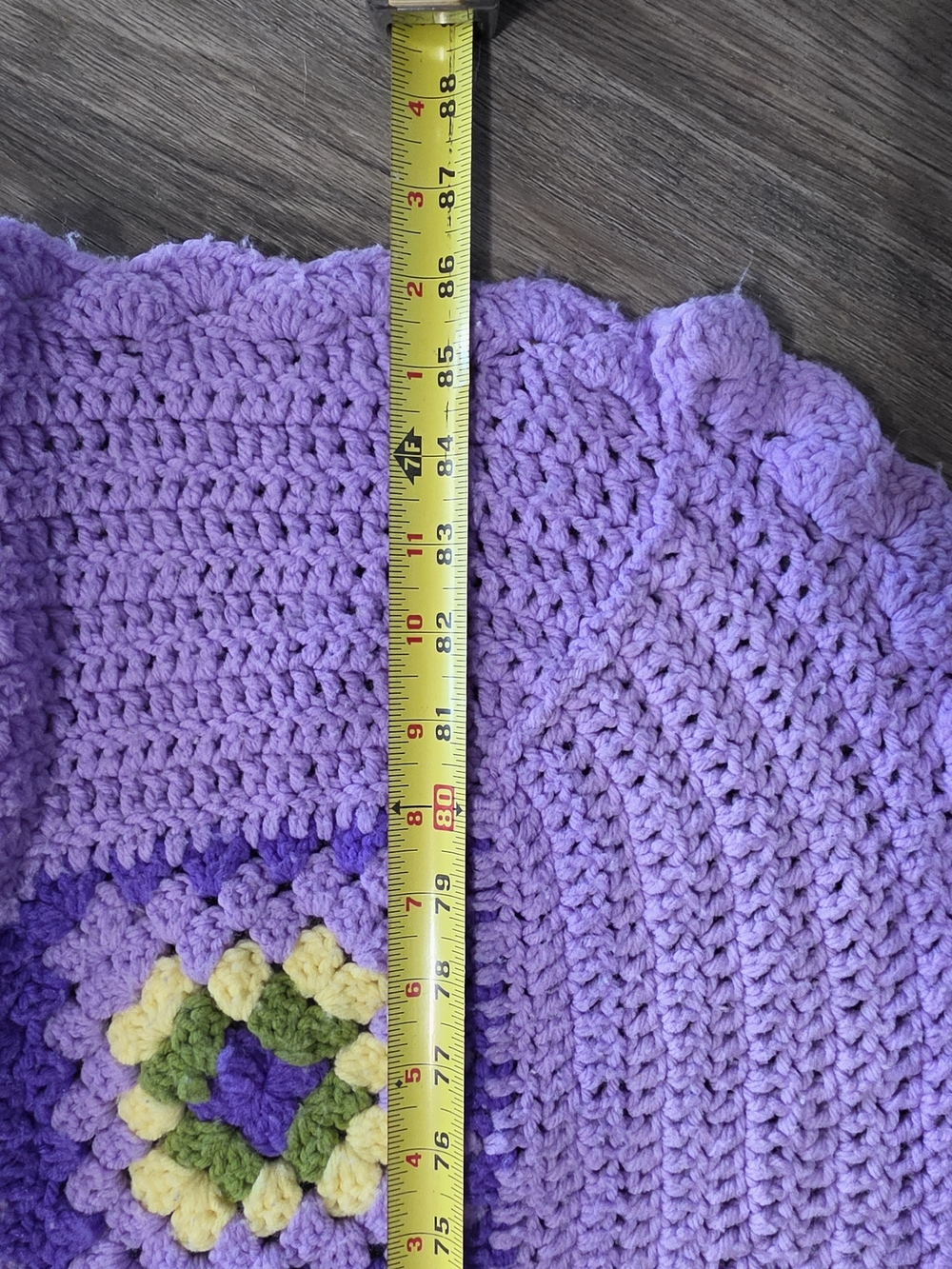 Handmade Purple Granny Square Crochet Blanket with Yellow & Green Accents 49x86 - Picture 4 of 6